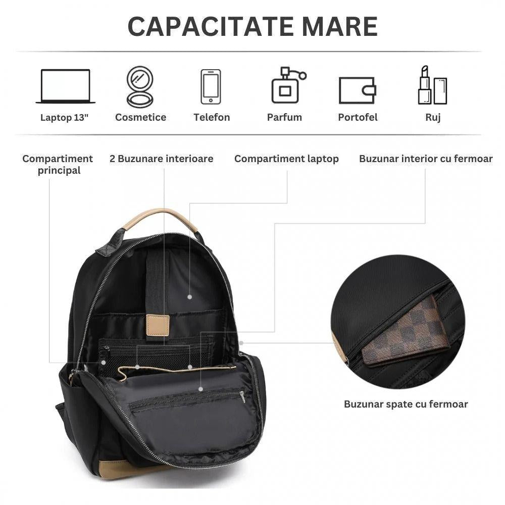Rucsac elegant pentru femei, Miss Lulu, cu husa pentru laptop si buzunare multiple, bareta troler, BPM2431