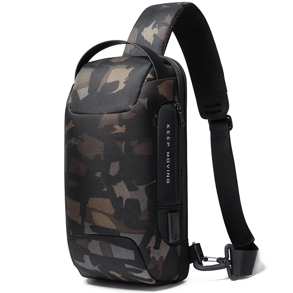 Rucsac crossbody pentru barbati, din poliester este rezistent la stropi, spate moale cu buzunar antifurt, lacat TSA si port USB, BANGE BG22085