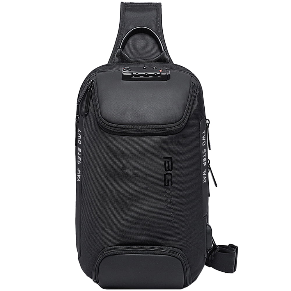 Rucsac crossbody pentru barbati, din poliester rezistent la apa, cu port USB si lacat TSA, buzunar anti furt si bareta cu trident, BANGE BG7082