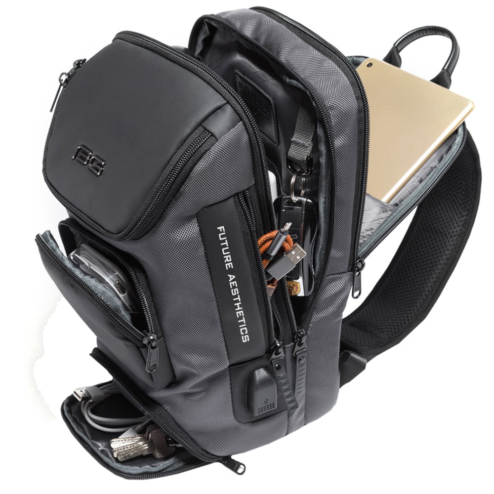 Rucsac crossbody pentru barbati, rezistent la apa, cu buzunar ascuns pe spate, port USB, BANGE BG7086