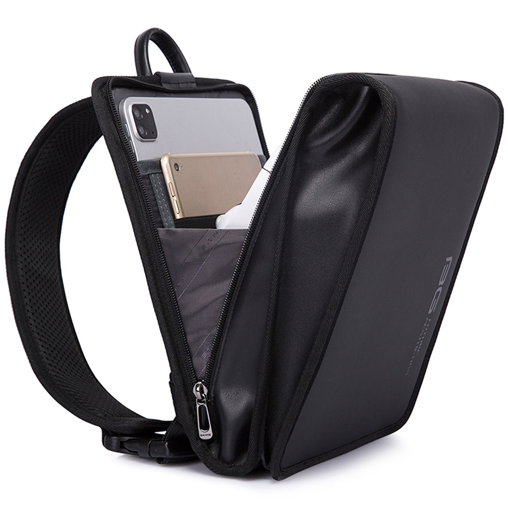 Geanta crossbody, tip rucsac unisex, forma patrata, din poliester rezistent la apa, bareta cu trident, compartiment pentru tableta 9,7 inch BANGE BG7323