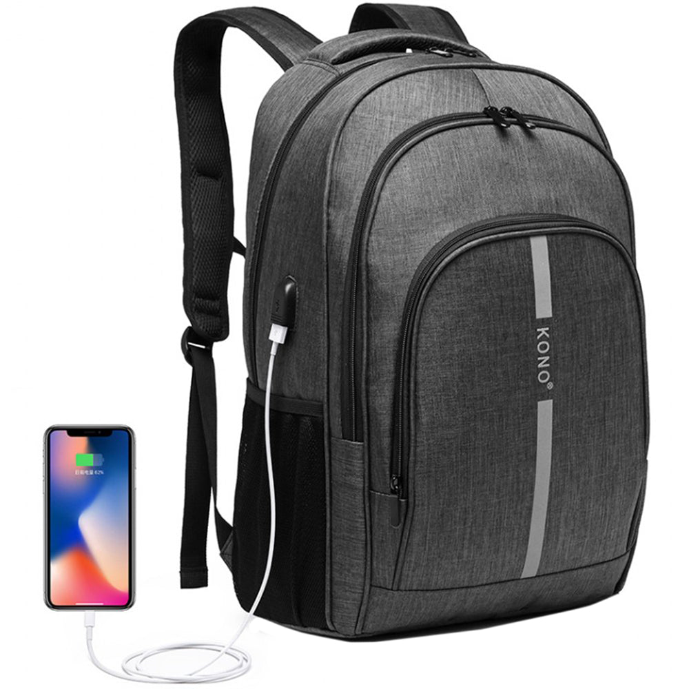 Rucsac casual unisex, cu benzi reflectorizante, port USB, rezistent la stropii de apa KONO E1972