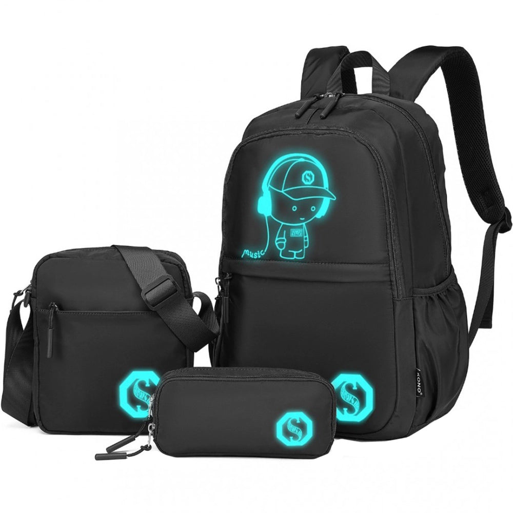 Rucsac unisex pentru laptop, cu geanta de umar si penar, cu detalii reflectorizante, KONO EB2363