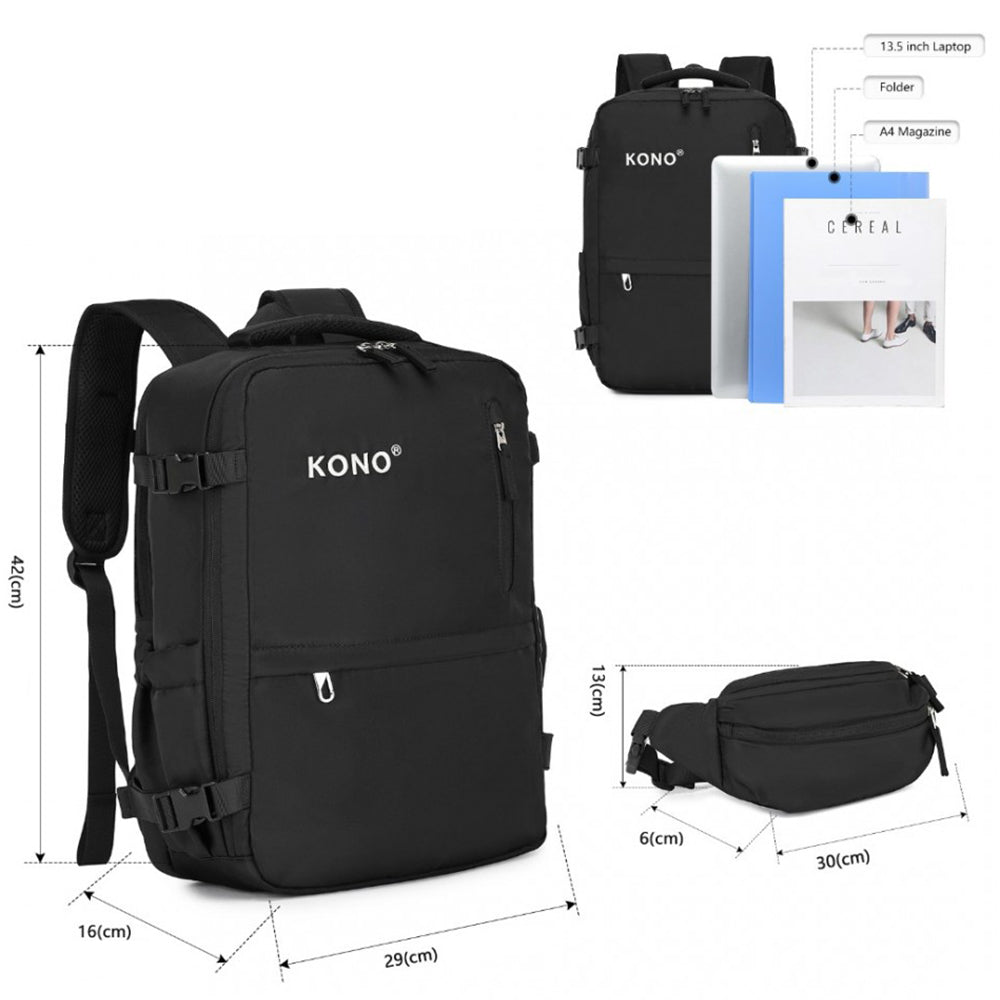Rucsac unisex casual pentru calatorii cu borseta detasabila, din poliester este rezistent la stropi, cu port USB TYPE-C, se fizeaza de valiza, KONO EQ2406
