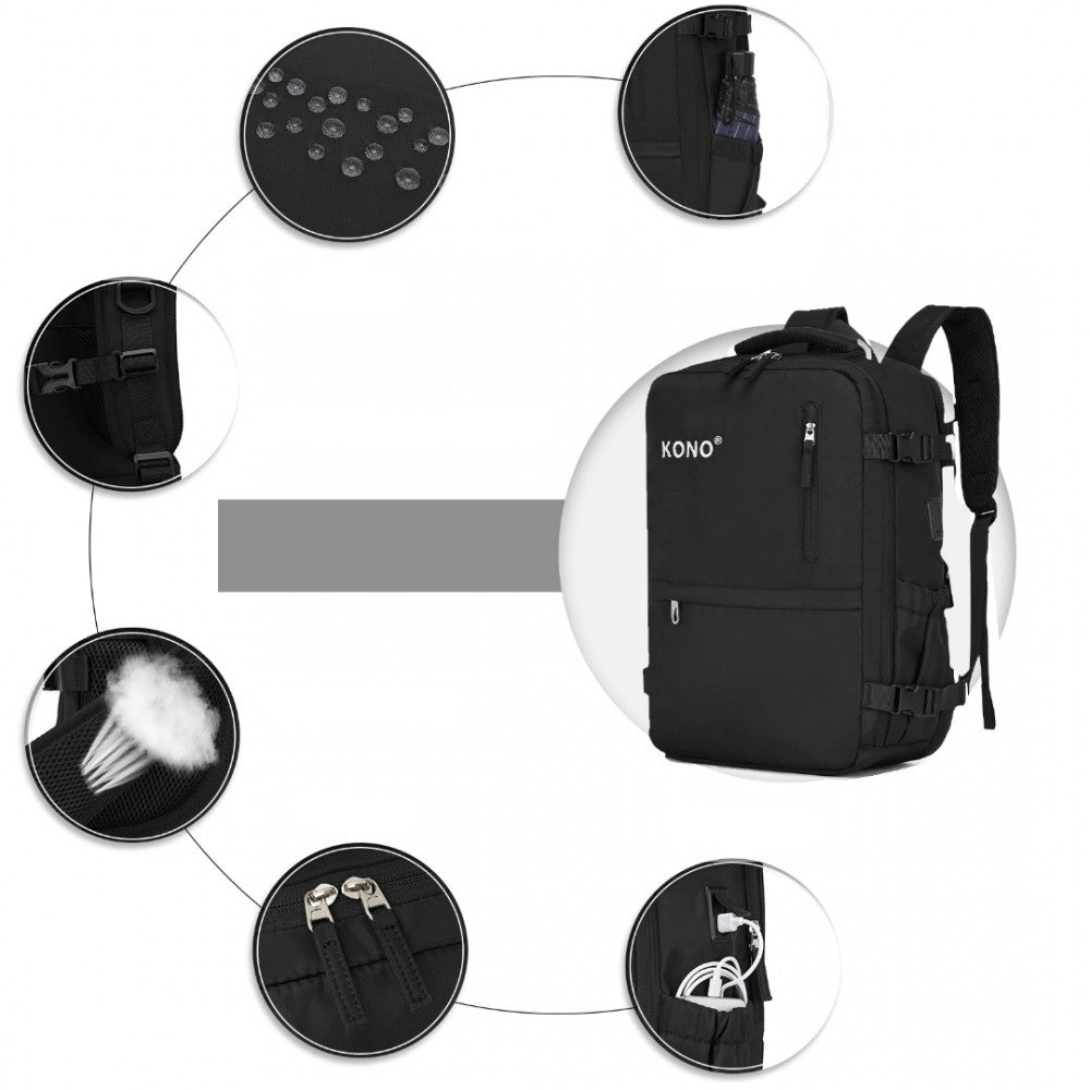 Rucsac unisex casual pentru calatorii cu borseta detasabila, din poliester este rezistent la stropi, cu port USB TYPE-C, se fizeaza de valiza, KONO EQ2406